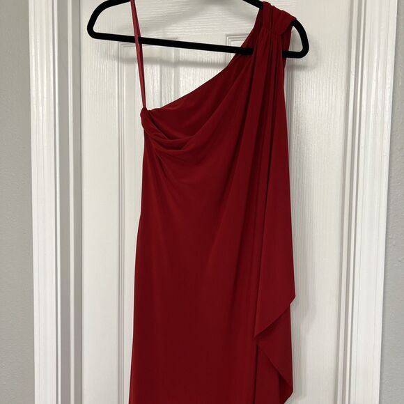 Lauren Ralph Lauren One Shoulder Draped Evening Gown Red Slinky Knit Size 8 - Picture 9 of 12